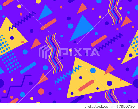 Seamless pattern with geometric shapes in 80s memphis style. Colorful geometric pattern. Design for promotional products, wrapping paper, brochures and printing. Vector illustration Seamless pattern with geometric shapes in 80s memphis style. Colorful geometric pattern. Design for promotional products, wrapping paper, brochures and printing. Vector illustration 97890750