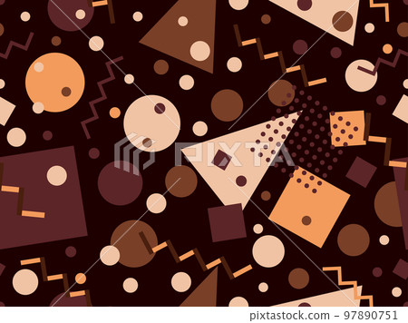 Seamless pattern with geometric shapes in 80s memphis style. Colorful geometric pattern. Design for promotional products, wrapping paper, brochures and printing. Vector illustration Seamless pattern with geometric shapes in 80s memphis style. Colorful geometric pattern. Design for promotional products, wrapping paper, brochures and printing. Vector illustration 97890751