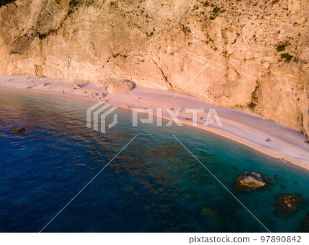 overhead view of porto katsiki beach at sunset 97890842