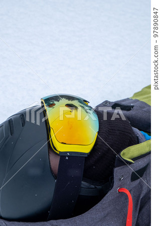 ski lift cabin reflection in snowboarder goggles mask 97890847