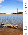 The Barcena reservoir with the chimneys of Compostilla thermal power station at background in Cubillos del Sil, el Bierzo, Castile and Leon, Spain. 97891360