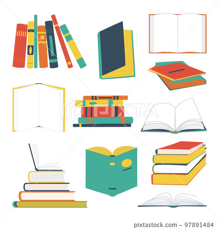 Set of books in different positions and colors. Library and bookstore elements in a flat style, isolated icons set on white background. Jpeg Set of books in different positions and colors. Library and bookstore elements in a flat style, isolated icons set on white background. Jpeg 97891484