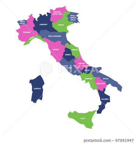 Colorful map of Italy divided into 20 administrative regions. White labels. Simple flat vector illustration. Colorful map of Italy divided into 20 administrative regions. White labels. Simple flat vector illustration. 97891947