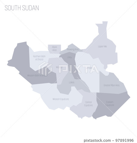 South Sudan political map of administrative divisions - states, administrative areas and area with special administrative status. Grey vector map with labels. South Sudan political map of administrative divisions - states, administrative areas and area with special administrative status. Grey vector map with labels. 97891996