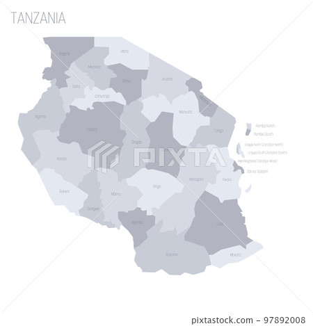 Tanzania political map of administrative divisions - regions. Grey vector map with labels. Tanzania political map of administrative divisions - regions. Grey vector map with labels. 97892008