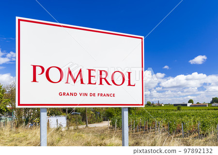 sign of Pomerol with a vineyard in Bordeaux, Aquitaine, France sign of Pomerol with a vineyard in Bordeaux, Aquitaine, France 97892132