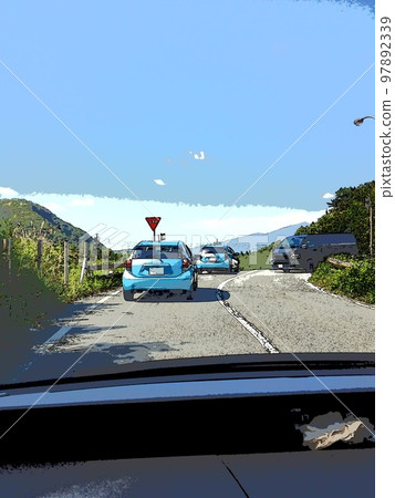 高原公路。汽車行駛的風景。插圖風格的照片。 高原公路。汽車行駛的風景。插圖風格的照片。 97892339