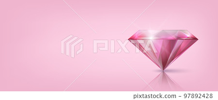 Vector Horizontal Banner with 3d Realistic Pink Transparent Triangular Glowing Gemstone, Diamond, Crystal, Rhinestone Closeup on Green Background with Reflection. Jewerly Concept. Design Template Vector Horizontal Banner with 3d Realistic Pink Transparent Triangular Glowing Gemstone, Diamond, Crystal, Rhinestone Closeup on Green Background with Reflection. Jewerly Concept. Design Template 97892428