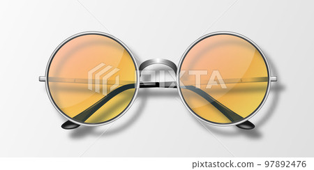 Vector 3d Realistic Round Frame Glasses Icon Isolated. Gray Silver Steel Chrome Frame. Transparent Orange Sunglasses for Women and Men, Accessory. Optics, Lens, Vintage, Trendy Glasses. Top View Vector 3d Realistic Round Frame Glasses Icon Isolated. Gray Silver Steel Chrome Frame. Transparent Orange Sunglasses for Women and Men, Accessory. Optics, Lens, Vintage, Trendy Glasses. Top View 97892476