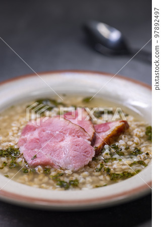 broth with smoked meat and groats 97892497