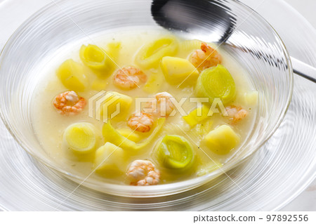 leek soup with potatoes and shrimps leek soup with potatoes and shrimps 97892556