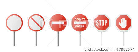 Vector White and Red Glossy Prohibition Stop Signs - Warning, Danger Sign Frame Icon Set Isolated. Dangerous Plates Collection. Design Template of Road Sign Vector White and Red Glossy Prohibition Stop Signs - Warning, Danger Sign Frame Icon Set Isolated. Dangerous Plates Collection. Design Template of Road Sign 97892574