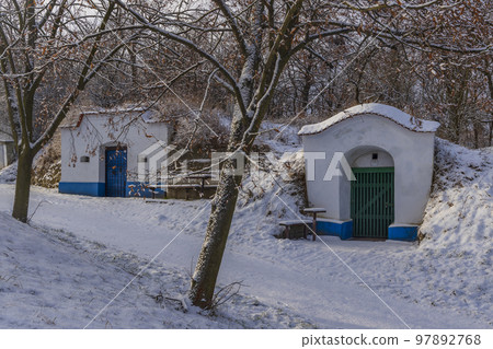 Group of typical outdoor wine cellars in Plze near Petrov, Southern Moravia, Czech Republic Group of typical outdoor wine cellars in Plze near Petrov, Southern Moravia, Czech Republic 97892768