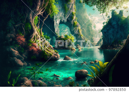 Generative AI illustration of beautiful fantasy river 97892850