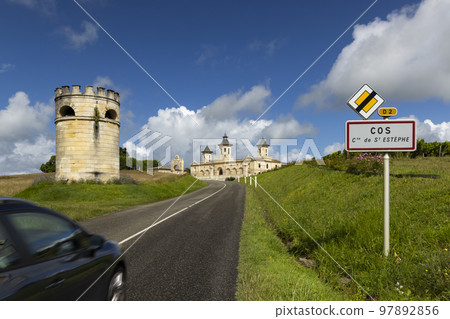 Vineyards with Chateau Cos d'Estournel, Bordeaux, Aquitaine, France 97892856