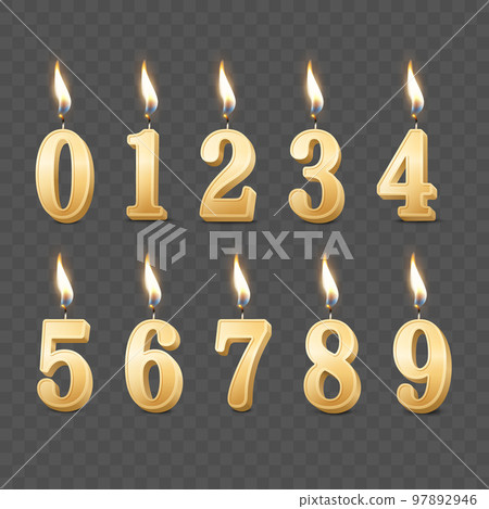 Vector 3d Realistic Paraffin or Wax Burning Yellow Golden Birthday Party Candles, Numbers and Different Flame of a Candle Icon Set Isolated. Design Template, Clipart, Birthday Concept. Front View Vector 3d Realistic Paraffin or Wax Burning Yellow Golden Birthday Party Candles, Numbers and Different Flame of a Candle Icon Set Isolated. Design Template, Clipart, Birthday Concept. Front View 97892946