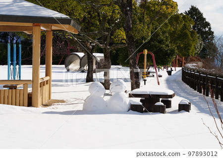 一隻可愛貓的腳印在一個被雪覆蓋的無人居住的公園裡 97893012