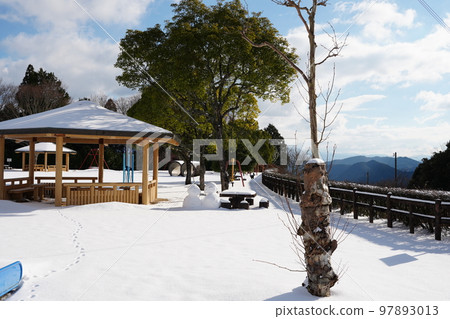 一隻可愛貓的腳印在一個被雪覆蓋的無人居住的公園裡 一隻可愛貓的腳印在一個被雪覆蓋的無人居住的公園裡 97893013