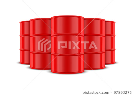 Vector 3d Realistic Five Red Barrels, Hazard Liquid. Caution Barrel, Radioactive, Hazardous Chemical Materials, Toxic Pollution, Many Danger Barrels, Set Closeup Isolated. Front View 97893275