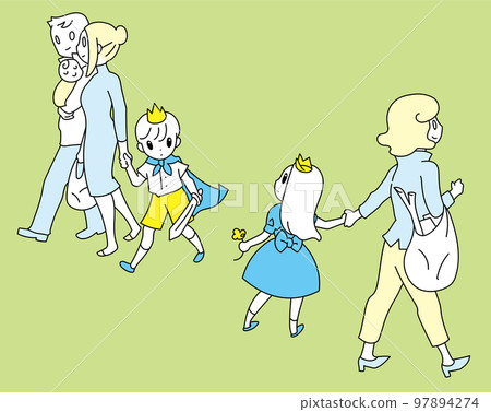 Two families passing each other on the street, a boy and a girl staring at each other 97894274
