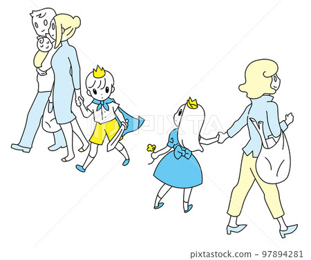 Two families passing each other on the street, a boy and a girl staring at each other Two families passing each other on the street, a boy and a girl staring at each other 97894281
