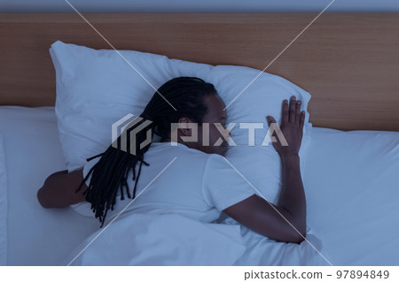 Deep Sleep. Above Shot Of Black Guy Sleeping In Bed At Home 97894849