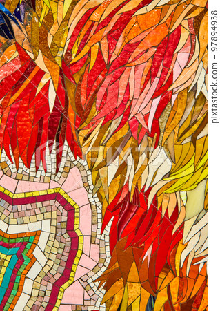 Detail of mosaic art colorful fire red and orange pieces in subway of New York City Detail of mosaic art colorful fire red and orange pieces in subway of New York City 97894938