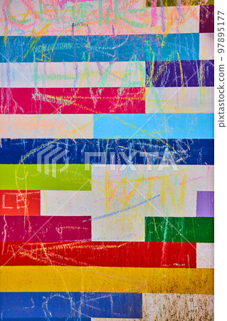 Chalk scribbles cover colorful wood planks straight on vertical texture asset Chalk scribbles cover colorful wood planks straight on vertical texture asset 97895177