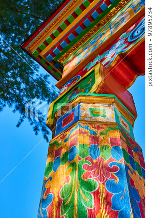 Colorful post of main gate for Tibetan Mongolian Buddhist shrine Colorful post of main gate for Tibetan Mongolian Buddhist shrine 97895234