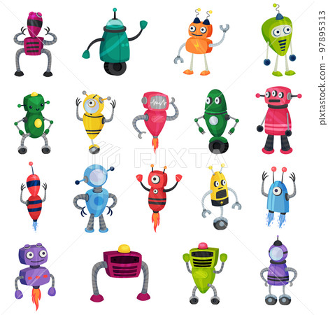 Set of cute little robots. Funny artificial intelligence cyborgs for labor automation cartoon vector illustration 97895313
