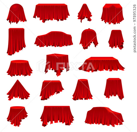 Red silk cloth covered different objects set. Drapery fabric covering table, car, box. Secret gifts hidden under red fabric cartoon vector Red silk cloth covered different objects set. Drapery fabric covering table, car, box. Secret gifts hidden under red fabric cartoon vector 97895326