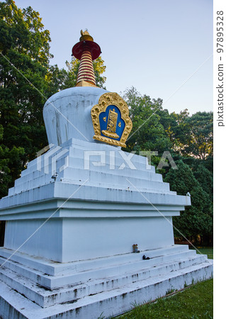 Chorten statue shrine in forest of midwest America 97895328