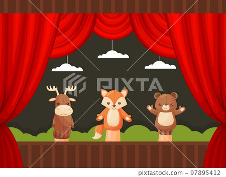 Cute Puppet Animal Toys on Hand as Theater Performance Vector Illustration 97895412