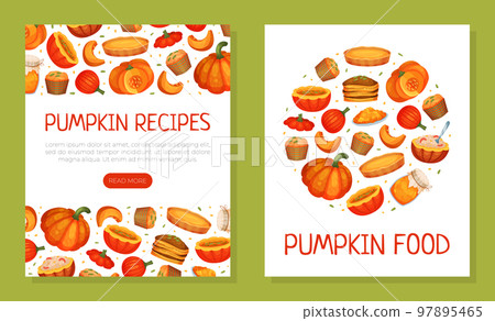 Pumpkin recipes card templates set. Pumpkin food delicious dishes made from pumpkin mobile app, banner, poster, flyer design cartoon vector 97895465