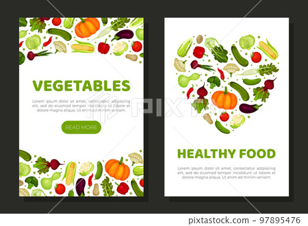 Healthy food banner templates set. Farm organic vegetables, fresh healthy food mobile app, card, poster cartoon vector Healthy food banner templates set. Farm organic vegetables, fresh healthy food mobile app, card, poster cartoon vector 97895476
