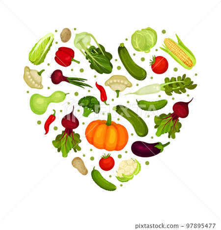 Fresh vegetables in heart shape. Farm organic healthy food banner, poster, card design template cartoon vector Fresh vegetables in heart shape. Farm organic healthy food banner, poster, card design template cartoon vector 97895477