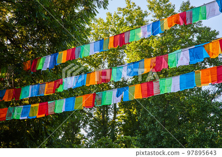 3 rows of ropes covered in colorful Tibetan Mongolian Buddhist prayer flags 97895643