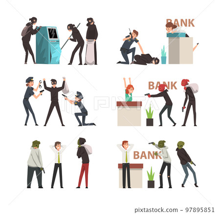 Masked robbers robbing bank set. Policemen in uniform, arresting bank robbers cartoon vector illustration 97895851
