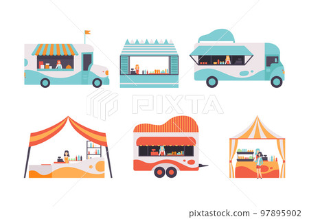 Food truck, outdoor stalls for summer street fair or street food festival cartoon vector illustration Food truck, outdoor stalls for summer street fair or street food festival cartoon vector illustration 97895902