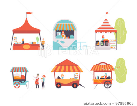 Outdoor stalls, carts, tents with seller for summer fair or street market festival cartoon vector illustration Outdoor stalls, carts, tents with seller for summer fair or street market festival cartoon vector illustration 97895903