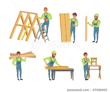 Male carpenters in overalls working in workshop. Woodworking carpentry service cartoon vector illustration Male carpenters in overalls working in workshop. Woodworking carpentry service cartoon vector illustration 97896005