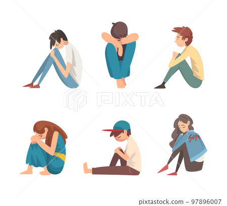 Depressed teenagers sitting on floor set. Unhappy stressed teenage boys and girls. Stress, lonely, bullying concept cartoon vector illustration 97896007