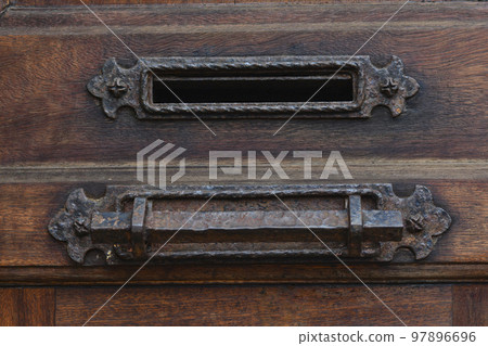 Wood Mailbox Letter Box on Teal Wooden Door Wood Mailbox Letter Box on Teal Wooden Door 97896696