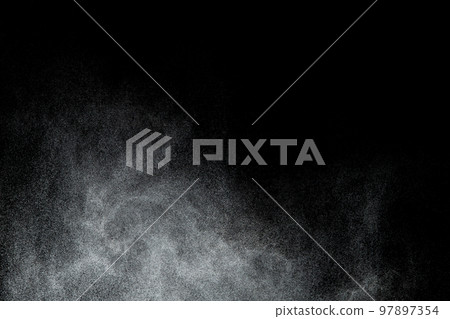 Million of Star Dust, Photo image of falling down shower rain snow, heavy snows storm flying. Freeze shot on black background isolated overlay. Spray water fog smoke as star particle on wind 97897354