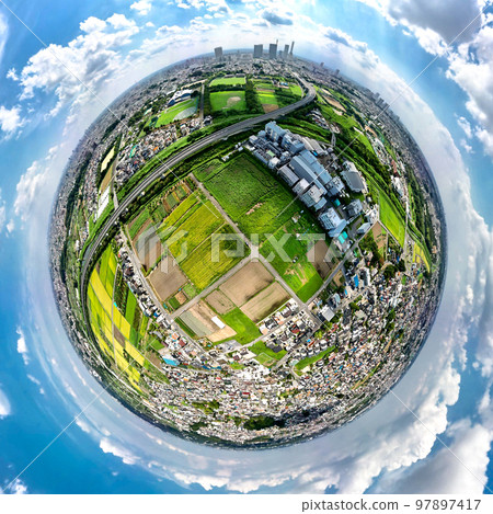 Aerial view Minuma rice paddy shot with a 360-degree camera 97897417