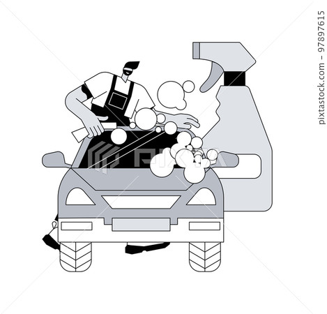 Car wash service abstract concept vector illustration. Automatic wash, vehicle cleaning market, self-serve station, 24 hours full service company, hand, interior vacuum cleaning abstract metaphor. Car wash service abstract concept vector illustration. Automatic wash, vehicle cleaning market, self-serve station, 24 hours full service company, hand, interior vacuum cleaning abstract metaphor. 97897615
