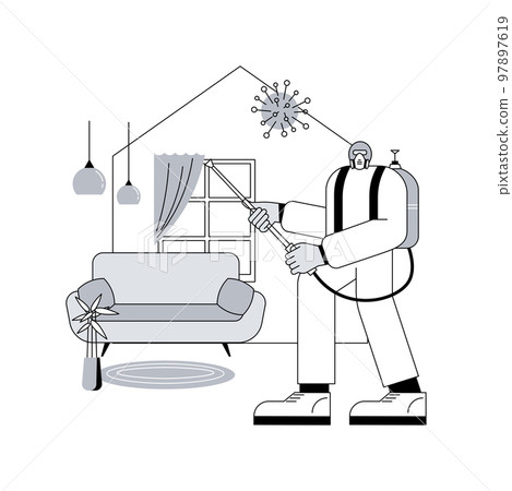 Home sterilization services abstract concept vector illustration. House cleaning, surface sanitizing, personal hygiene, preventing disease, coronavirus outbreak, home safety abstract metaphor. Home sterilization services abstract concept vector illustration. House cleaning, surface sanitizing, personal hygiene, preventing disease, coronavirus outbreak, home safety abstract metaphor. 97897619