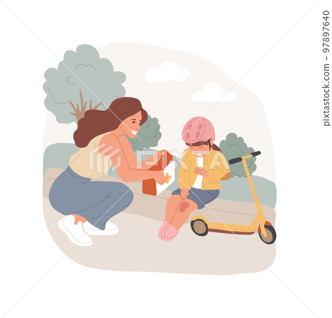 Slight injury isolated cartoon vector illustration. Child with bruise on his knee and patch on elbow, family first aid kit, children common injury treatment, bump and sprain vector cartoon. Slight injury isolated cartoon vector illustration. Child with bruise on his knee and patch on elbow, family first aid kit, children common injury treatment, bump and sprain vector cartoon. 97897640