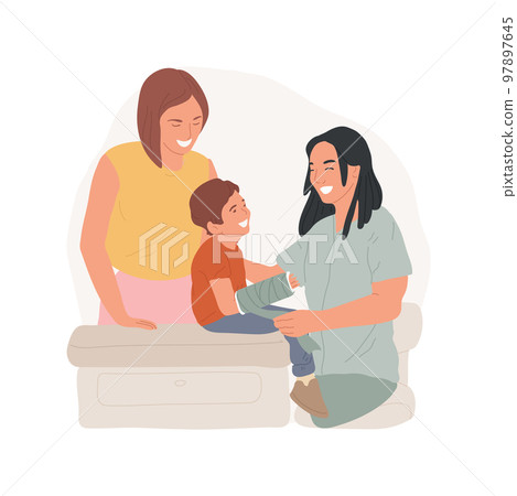 Plaster cast isolated cartoon vector illustration. Childs arm with plaster cast, young patient in a clinic, kids injury, first aid and recovery, bone fracture, family healthcare vector cartoon. 97897645