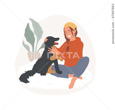 Caress a pet isolated cartoon vector illustration. Happy young woman spending time together with adorable pet, stress management, people psychology, socio-emotional development vector cartoon. 97897663